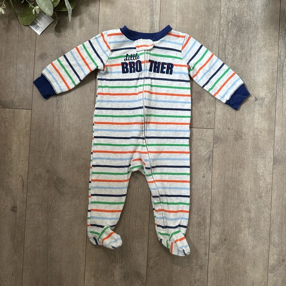 Carter’s Striped Little Brother Baby Boy One Piece Zip Footies Sleeper 9 months